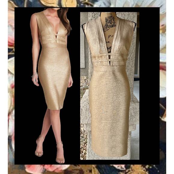 Bebe Foiled Bandage Plunge Neck Cutout Bodycon Midi Dress Size XL - Picture 2 of 11